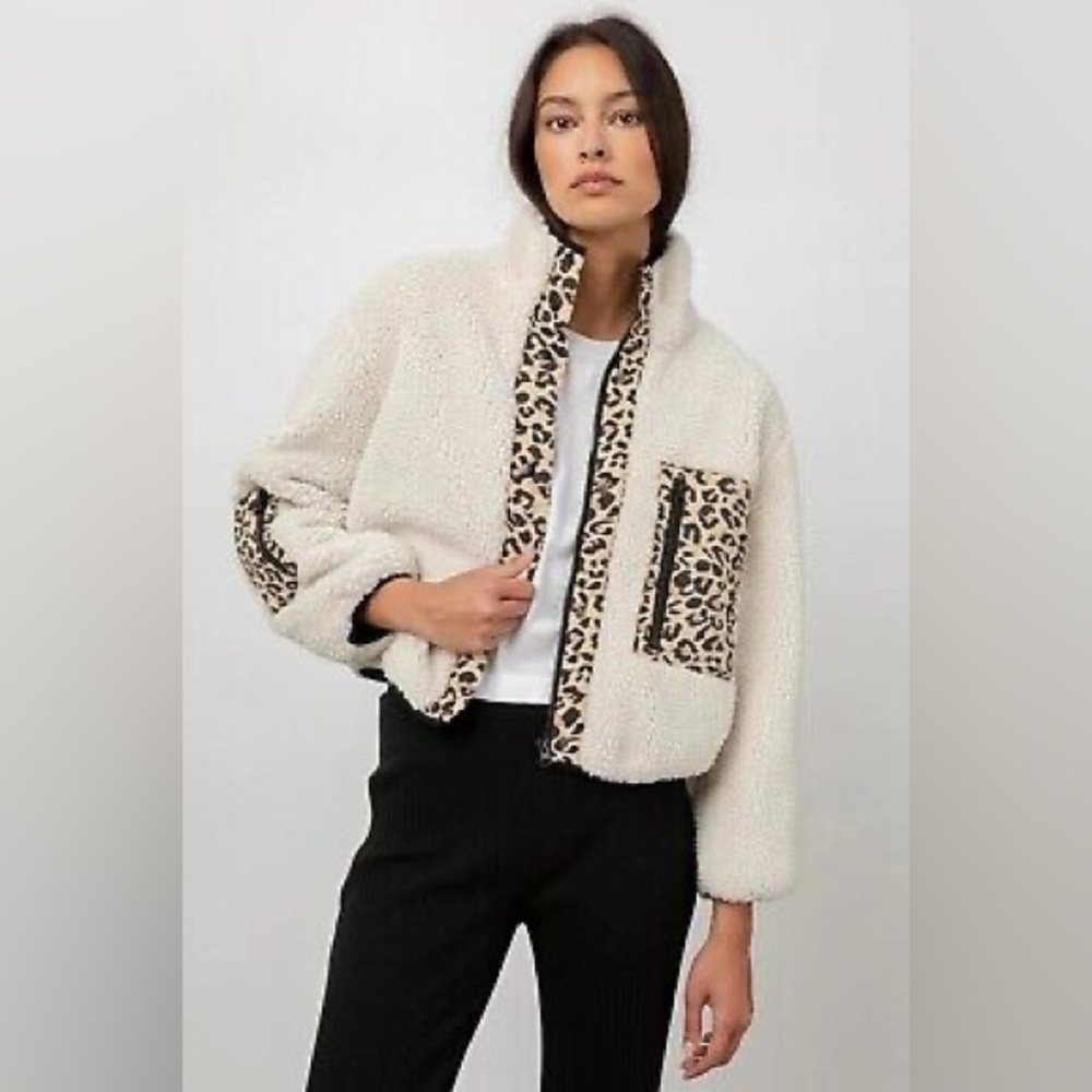 Rails Cream Teddy Jacket with Leopard Trim
